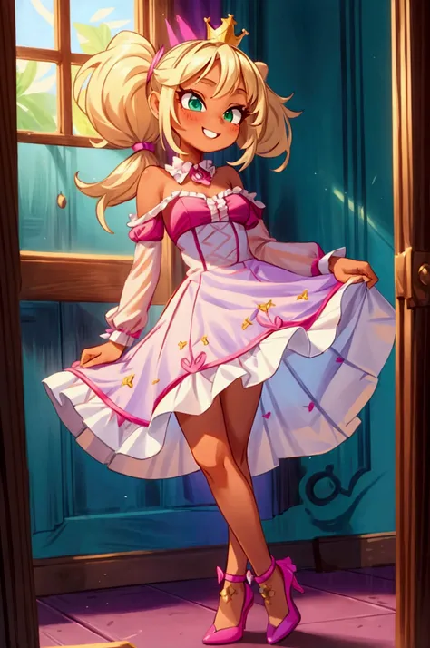 (Masterpiece, best quality) 1 girl, standing indoors with intricate details and sunlight, magenta and white frilled dress with short neckline, purple high heel shoes, crown in head, blonde medium long  hair, two ponytails, green eyes, blue, dark brown skin...