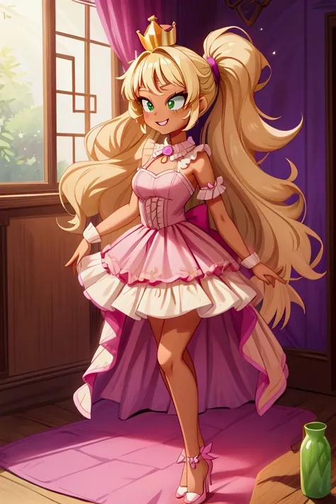 (Masterpiece, best quality) 1 girl, standing indoors with intricate details and sunlight, magenta and white frilled dress with short neckline, purple high heel shoes, crown in head, blonde medium long  hair, two ponytails, green eyes, blue, dark brown skin...