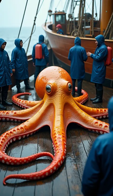 "A stunning scene aboard a ship, where a giant octopus lies on the wet deck. The creature is incredibly realistic, with textured skin in shades of orange and golden yellow, and large, expressive eyes looking out at the viewer. People dressed in blue rainco...