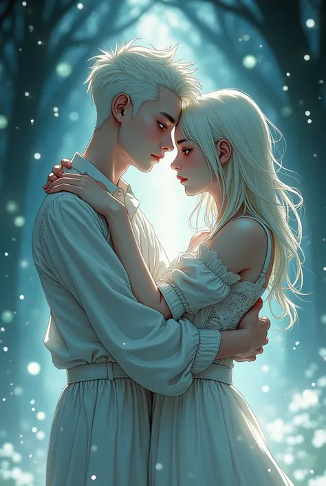 An albino boy, pale red-eyed ,  delicate features and androgynous body.  He is hugging Joo Jaekyung .  In Minwas Manhwa style .