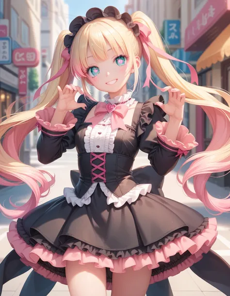 (8K, best quality, master piece: 1.2),super high resolution,1 girl,solo,15yo,ultra-detailed face,detailed eyes,blonde hair,long twin tails,pink gradient hair,heart-shaped pupils,smile,o3o,mascara,cowboy shot,frill,lots of ribbons,pastel pink and black goth...