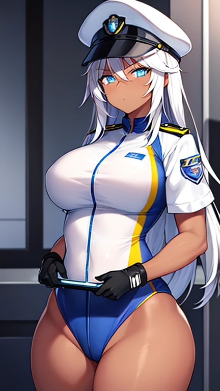 1girl, dark skin, dark-skinned female, police uniform, police, white hair, long hair, blue eyes, police hat, huge breasts, wide hips, thick thighs, policewoman, futuristic, neon trim, science-fiction, machinery, tech, blue trim, glowing eyes, toned female,...