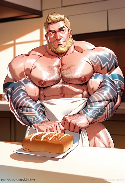 A muscular bearded tattooed baker kneading dough naked only wearing a white apron, NSFW, big shoulders, big chest, thin waist, big buttcheeks, balanced anatomy, perfect anatomy, deep eyes, blonde, short haircut, blue eyes, hairy, very handsome, kneading do...