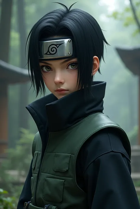 He is a ninja from Konoha, wears a headband with the Konoha symbol, has straight short black hair and black eyes., He wears dark clothes and is  hes a genius.