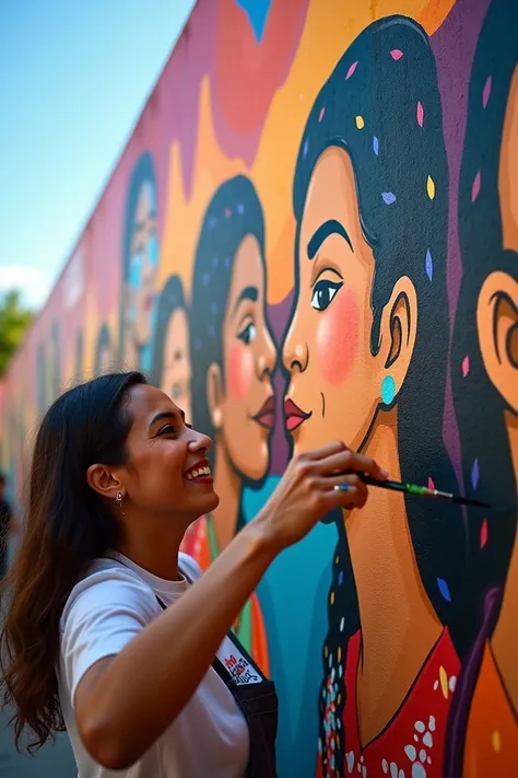  A woman paints a mural with other refugees .  The very Mexican mural shows figures united under the message: A Better World, In Spanish His face is illuminated by a smile.