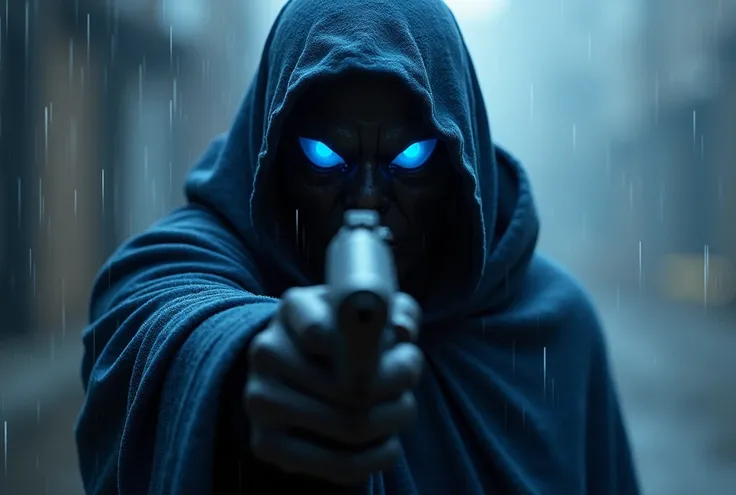  Create a dark blue hooded humanoid creature , The creature has shadow powers ,  There is no definite face , Only three blue eyes appear ,  this being holds a modern pistol-like weapon and is pointing at the screen , rainy weather,  artwork, 4K, realistic