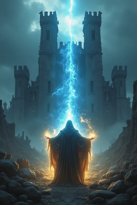 " A powerful wizard standing at the center of ancient ruins ,  with debris scattered everywhere . Rays of blue and gold magic energy flow from your hands, lighting the scene. In the background,  a partially destroyed castle rises ,  with its broken towers ...