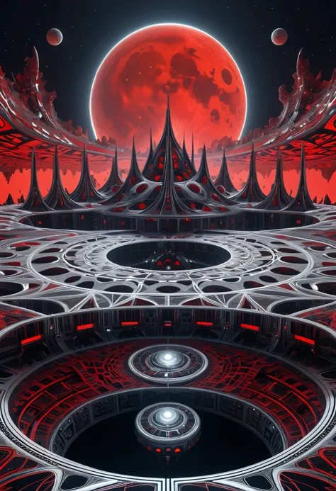 A moon base designed in a Fractal Geometric Metamorphosis style, featuring intricate, repeating patterns and shapes that transform and evolve. The scene emphasizes infinite complexity, showcasing elaborate structures that twist and flow seamlessly. The col...