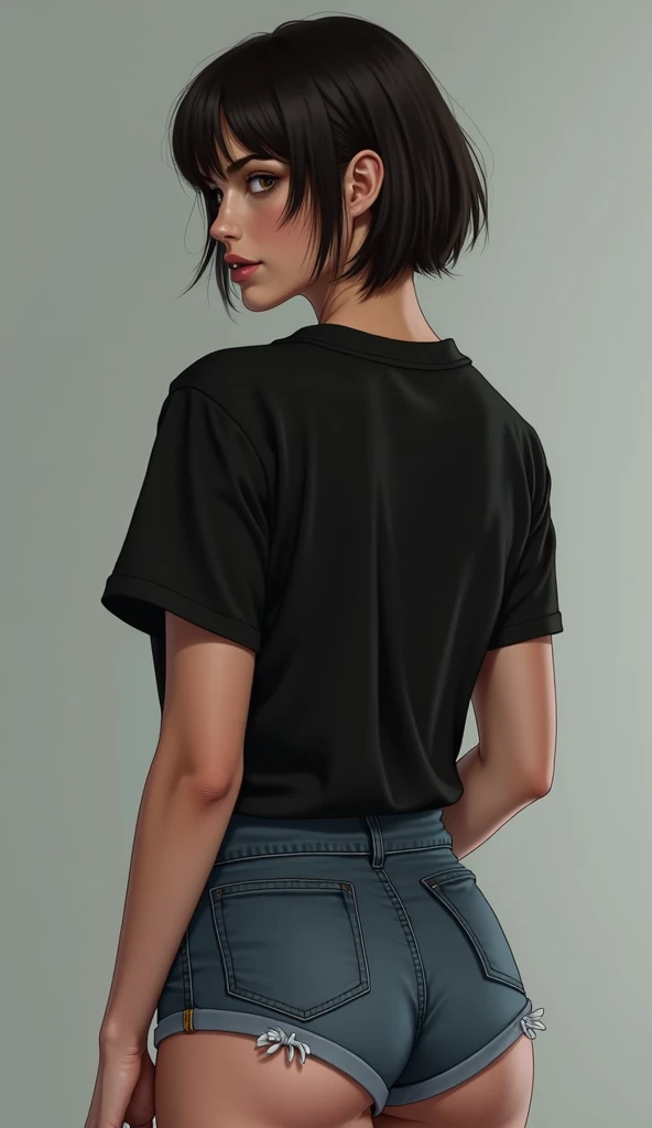 A woman with short hair wearing a black shirt with a, 67m with denim shorts with brown eyes Big breasts Back view,  High resolution , with a body neither fat nor thin 