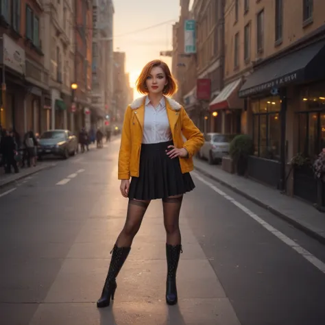 "A realistic image of a young Ukrainian lesbian woman with a bob haircut, standing confidently in full view against the backdrop of a sunny morning city. She is dressed in a stylish autumn jacket, a chic skirt, sheer stockings, and elegant boots. The warm ...