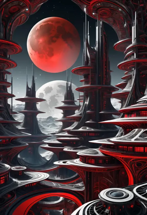 A moon base designed in a Fractal Geometric Metamorphosis style, featuring intricate, repeating patterns and shapes that transform and evolve. The scene emphasizes infinite complexity, showcasing elaborate structures that twist and flow seamlessly. The col...