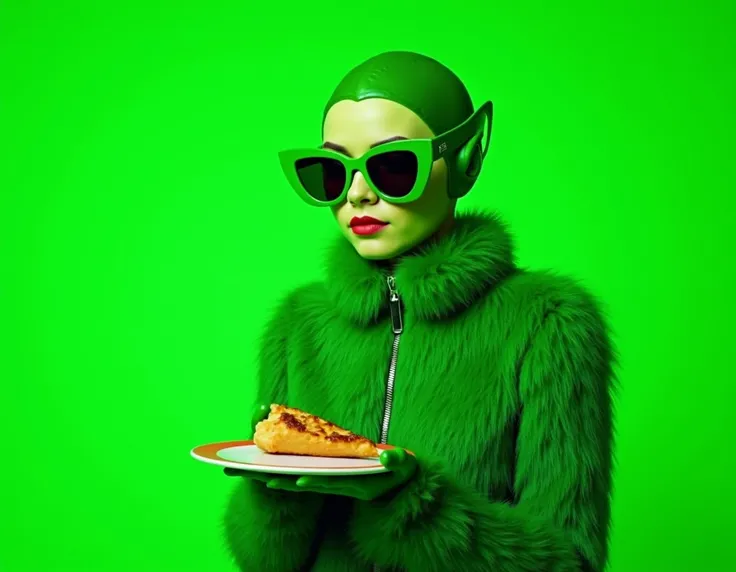 The image features a striking visual composition in which the figure is dressed head to toe in vibrant shades of green. The female model wears large, bold sunglasses and a fur-covered green garment, giving the impression of an alien or creature. The figure...