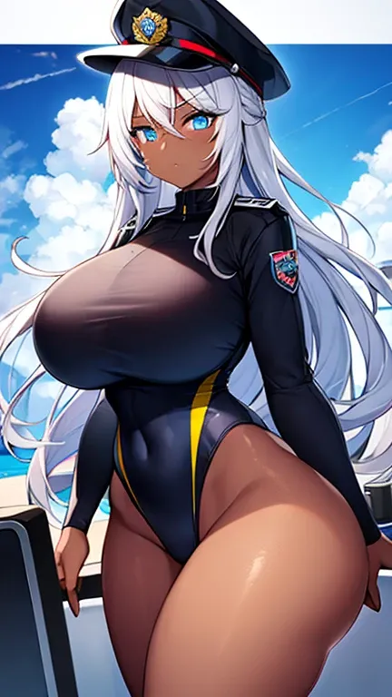 1girl, dark skin, dark-skinned female, police uniform, police, white hair, long hair, blue eyes, police hat, huge breasts, wide hips, thick thighs, policewoman, futuristic, neon trim, science-fiction, machinery, tech, blue trim, glowing eyes, toned female,...