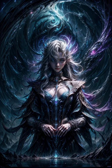 full length closeup portrait of complex detailed fractal aurora, forming a hyper-detailed ghostly vision of a beautiful succubus in the sky, reflection in water, Ripples on the water, dark mountains on the horizon, backlight, Starry night sky background, v...