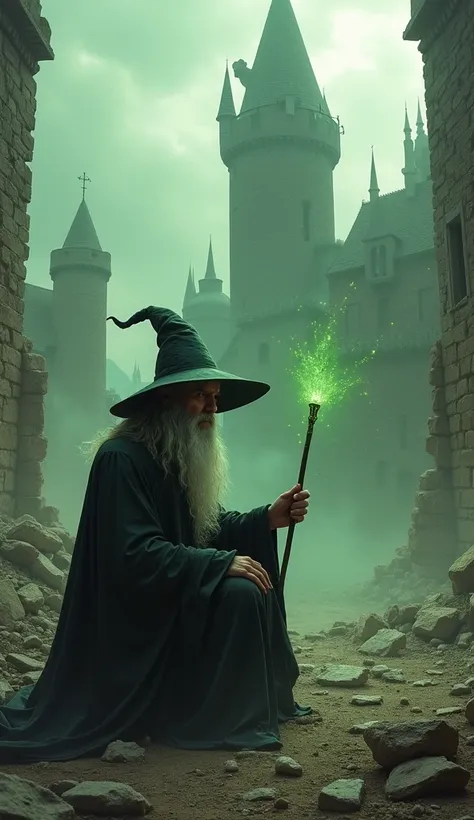 "A wise-looking wizard , but exhausted ,  kneeling amidst the rubble of a great magical battle .  His wand still exudes an aura of greenish energy that hangs in the air .  The castle in the background is in ruins ,  with its partially crumbling walls and a...