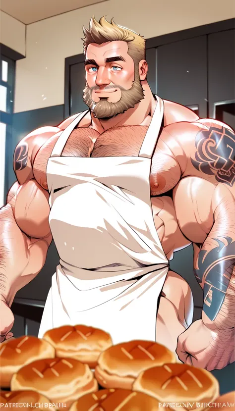 A muscular bearded tattooed baker kneading dough naked only wearing a white apron, NSFW, big shoulders, big chest, thin waist, big buttcheeks, balanced anatomy, perfect anatomy, deep eyes, blonde, short haircut, blue eyes, hairy, very handsome, kneading do...