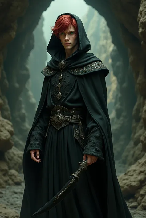 Create final fantasy style a handsome delicate man with short red hair with green eyes wearing a black robe with ornaments with a hoodie on his head holding a small black dagger with ornaments in a cave