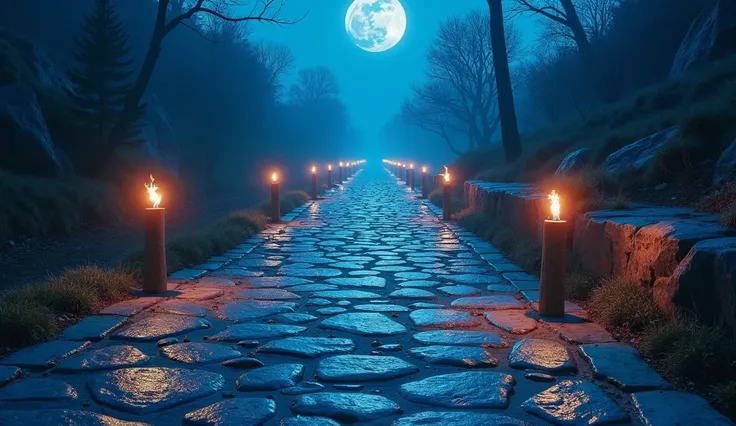 A long road paved with shiny stones that reflect the moonlight. Every few meters there are enchanted torches that burn with a soft blue flame. The road is lined with small temples dedicated to the Goddess Lunaria, where pilgrims can pray and make offerings...