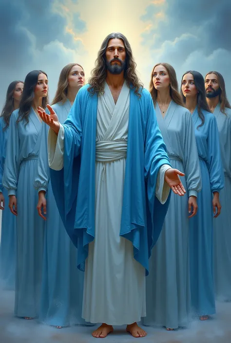 Jesus and 6 ren dressed in blue and light blue