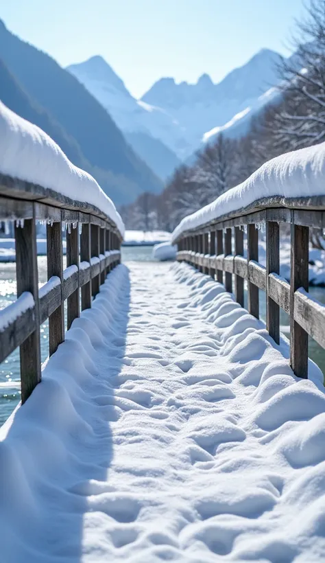 close up of scenic beauty of snow landscape of Switzerland. realistic, bridge covered in snow. vibrant color