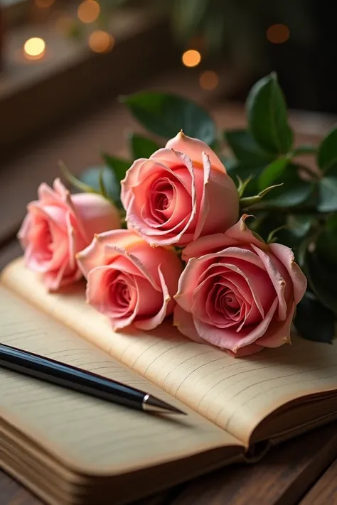  High Definition ,  photo, 3 roses on a wooden table ,  soft lighting ,  elegant open notebook and pen