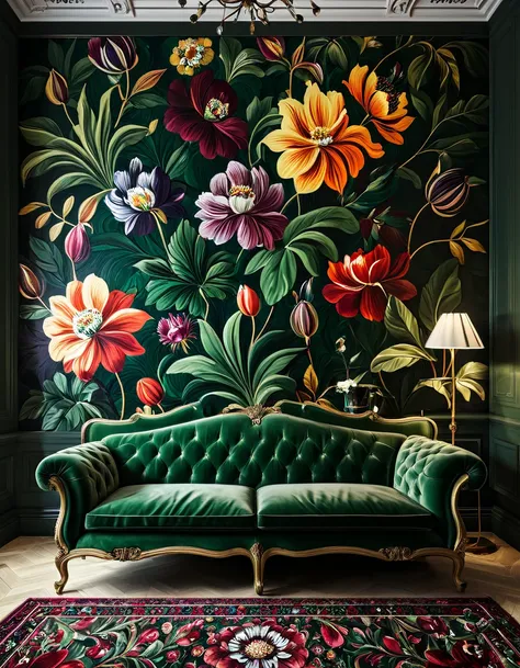 a large floral wall painting  in a living room with a green couch, rich deep colours masterpiece,  dark floral wallpaper pattern...