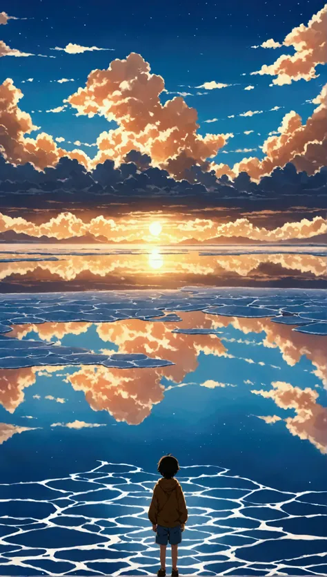  Draw simple art in the Tintinpixai style ,  a small boy in a large body of water with clouds in the sky, In the Uyuni salt flats, Incredible reflections  del cielo, Incredible reflections , Beautiful reflection, Impressive photo,  Epic and impressive ,  C...