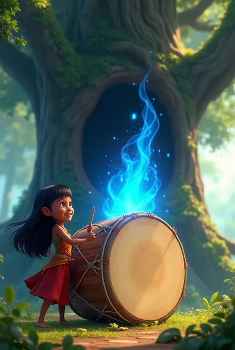 amina(  girl with skin was as dark as night , and his laugh illuminated everything around him with straight hair )  With a giant drum in his hands illuminated by a bright light and from That drum comes out a blue spirit, In the background a giant tree .  a...