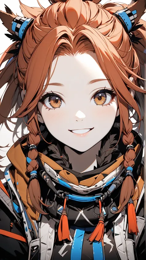  High Contrast, masterpiece:1.2, highest quality, Best aesthetics),  very round face, very cute face, (((1 girl))), aloy(horizon zero down), brown eyes, masterpiece, maximum quality, 4k, three quarters of the body, smile, red head