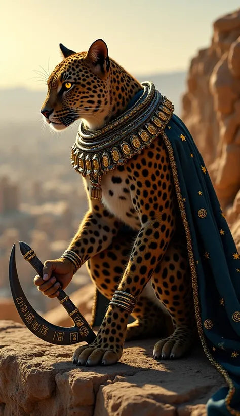 A hyper-realistic humanoid leopard hybrid crouches on a cliffside overlooking an ancient city. Its fur is marked with golden rosettes that glow faintly, forming patterns resembling the artifacts of the Kingdom of Sheba. The creature’s head is distinctly fe...