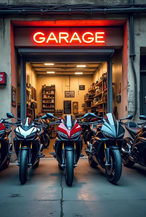 Make me a poster of a bike garage (include pics of bikes like a yahama mt10, mt09) Put a motto and some words that will attract people to buy things from us (make it less brigher)