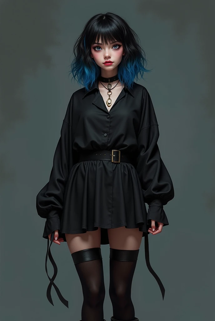 Girl with short black hair with blue tips black shirt with loose-fitting sleeves black short skirt black boots and tights .  big breasts