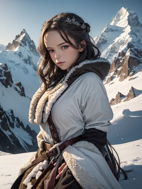 ((master piece)),best quality, illustration, dark, 1girl, In the wilderness,High mountain,Snow-capped mountains in the distance, castle, beautiful detailed eyes,  beautiful detailed hair,