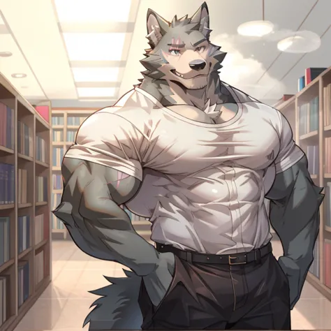 gray wolf furry bara male focus, score_9, score_8, score_7, score_6,  bara, big muscles, correct anatomy, detailed eyes, simple ...