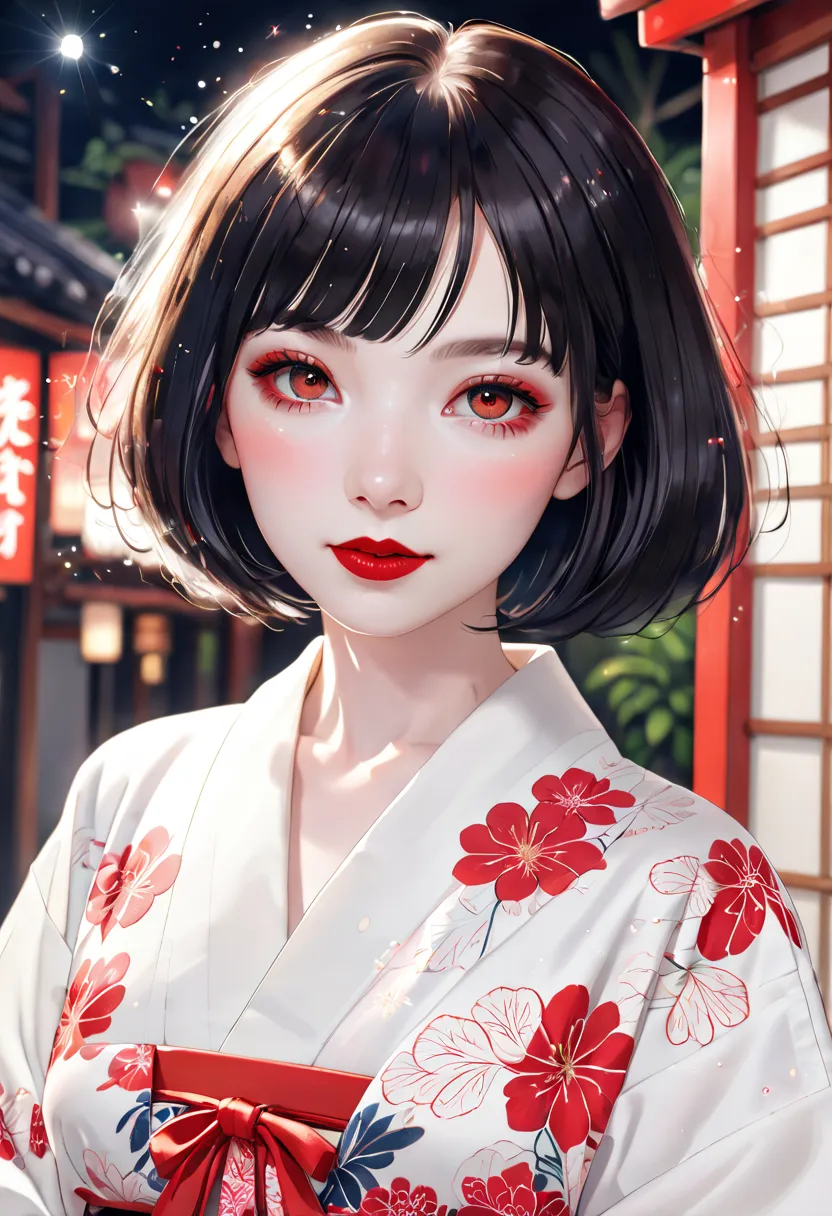 best quality, anatomically correct, throw,  pale skin , bob cut, sparkling eyes, red lipstick, yukata