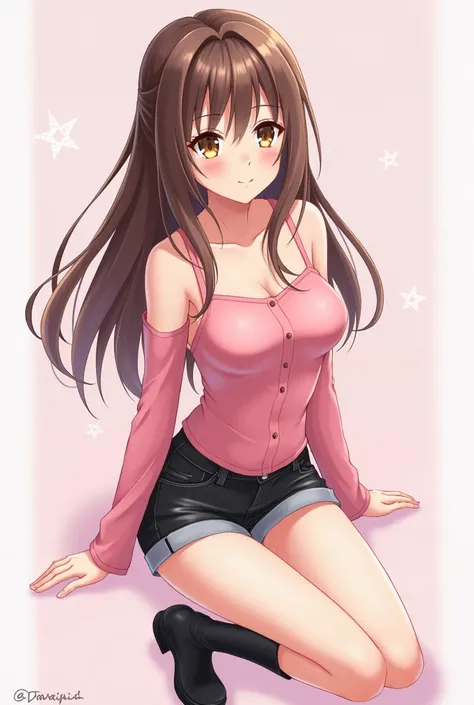 A female anime girl with long brown hair who wears an all-pink vest with long sleeves and straps at the neck and closed fastening and black denim shorts and black boots with brown eyes 