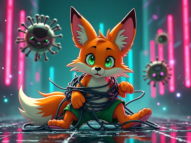 An orange anthropomorphic fox with vibrant green eyes, wearing green shorts, is tangled in glowing neon wires in a chaotic cyberspace. He looks panicked as glitching holograms and data streams flicker around him. A shadowy virus figure looms ominously, whi...