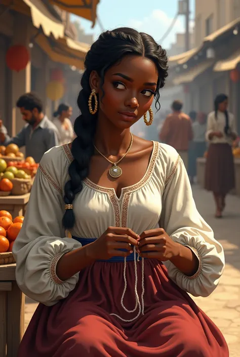 black woman from the colonial era knitting with a market behind in the colonial era, Drawing,  animated image  