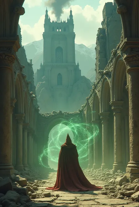 " A wizard with an imposing posture stands in a courtyard of broken stones,  surrounded by fallen sculptures and crumbling Gothic arches .  Vortices of green and gold energy dance around them , creating shadows that move in the rubble . Ao longe,  a partia...