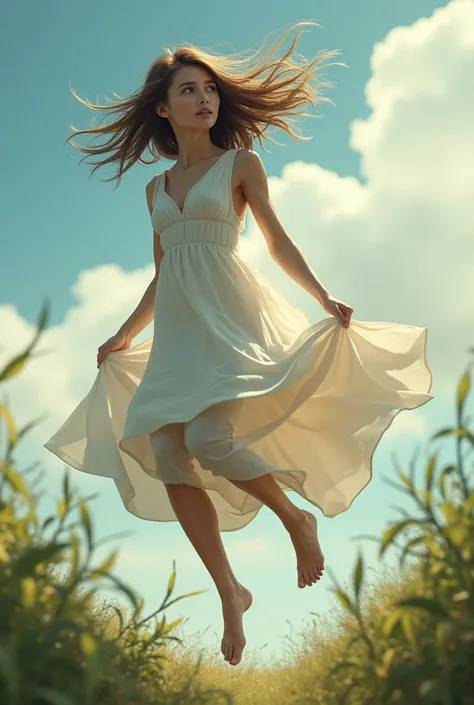 A strong breeze hits and the girl flies off without a dress 
