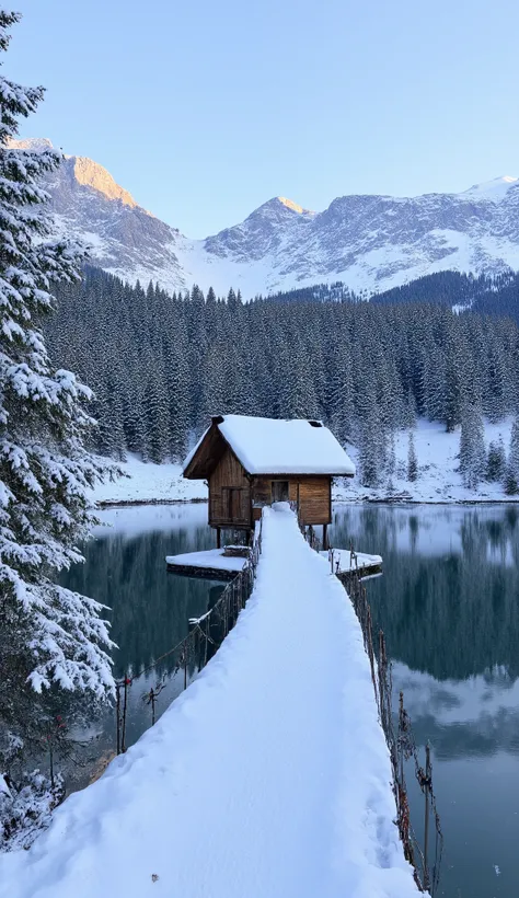  scenic beauty of snow forest landscape of Switzerland. realistic, bridge covered in snow. vibrant color tone.