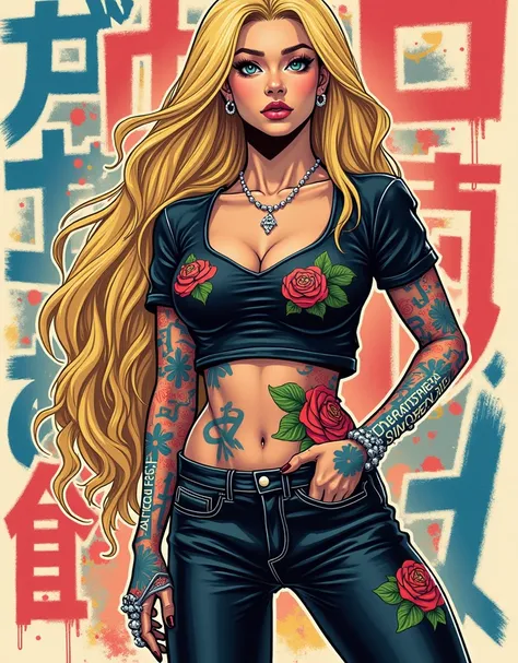 fund, mixed language_text, Japanese graffiti letters, gals, long blonde hair, Excellent lighting, side lighting, perfect ending (plain color: 1.3), (magazine_cover: 1.4), (multicolor_fund: 1.3), striped_fund, card_fund, :: comix style by joe madureira :: c...