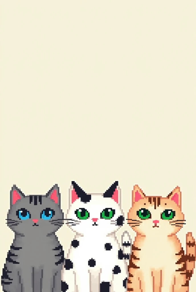 In pixel ,  style three cats together ,  from left to right , first light gray cat ,  gray stripes with blue eyes ,  second white cat with black spots and green eyes,  the third white cat with striped brown spots and green eyes 