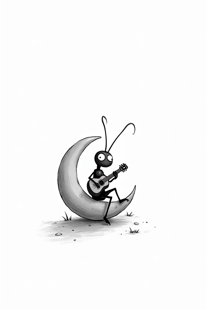 a baby ant sitting leaning on a crescent with one foot up playing the guitar black and white cartoon 