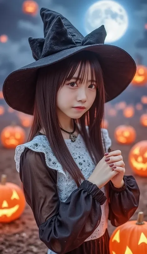  1 girl, Alone, 4K HDR, Realistic,   super detailed ,  natural light, Wearing a witch costume with long hair ,  Halloween themed background 、 spooky pumpkins glowing in the dark and full moon, Scattered clouds , ((photoRealistic:1.4)),  asymmetrical wavy l...