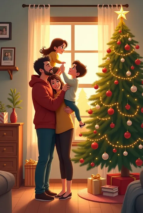 Create a drawing of a woman and a man holding a small boy in their arms putting the Christmas tree and a girl on her shoulders putting the star on the tree 