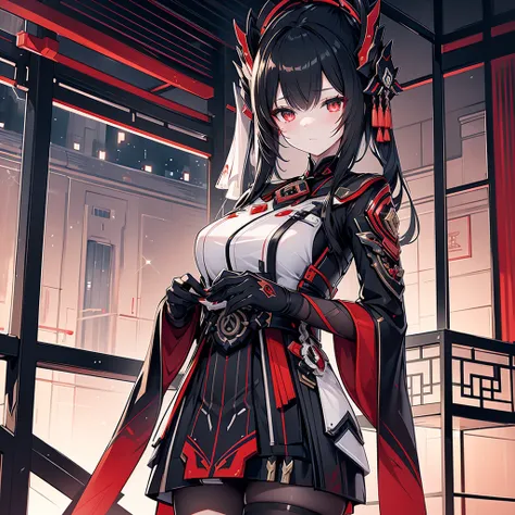  1 Japanese girl , warframe,  Intricate Pattern , heavy metal,  Energy Line , Faceless, Sparkling Eyes,  elegant , intense,  blood-red black uniform, Alone, 【Contemporary, city, That&#39;s right., Dark Clouds,  Thunderstorm , Heavy Rain,,  dramatic lightin...