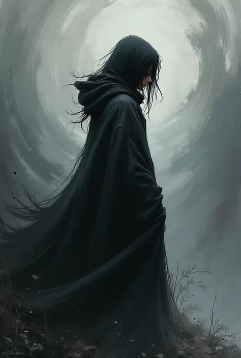  A girl painting with force.  A whirlwind of dark and gray colors covers the canvas , draw a solitary figure ,  with the crooked head ,  wrapped in a cloak of sadness .