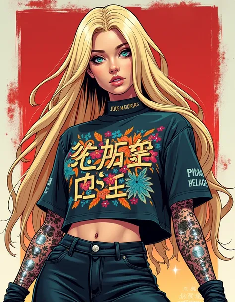 fund, mixed language_text, Japanese graffiti letters, gals, long blonde hair, Excellent lighting, side lighting, perfect ending (plain color: 1.3), (magazine_cover: 1.4), (multicolor_fund: 1.3), striped_fund, card_fund, :: comix style by joe madureira :: c...