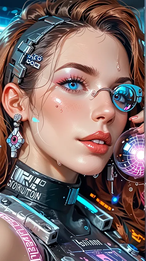 A bold and dynamic hyper-realistic anime-style illustration featuring a striking woman in a sleek, fluorescent blue exosuit. She leans against a high-tech console, her expression playful yet intense. A small, floating AI orb hovers beside her. The word Hor...